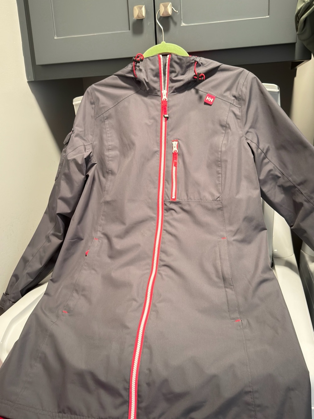 Helly Hansen Women's Gray Hooded Waterproof Coat with pink Trim
